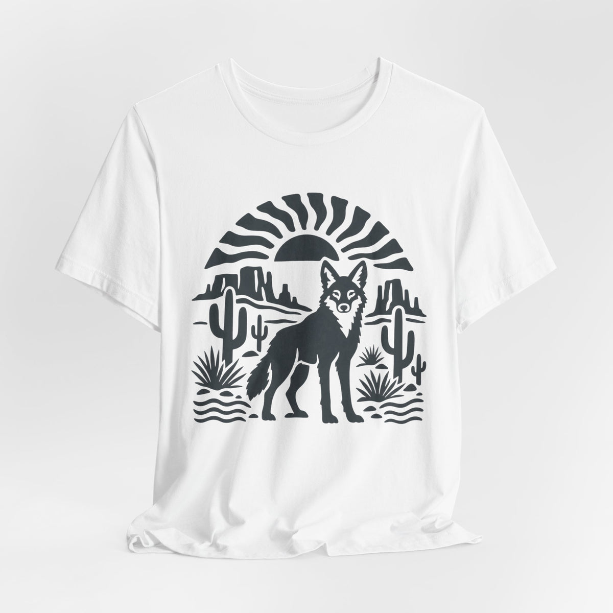 Desert Coyote Minimalist Southwest T-Shirt in Heather Green - minimalist Southwest desert coyote cactus graphic tee, Barely Outdoorsy