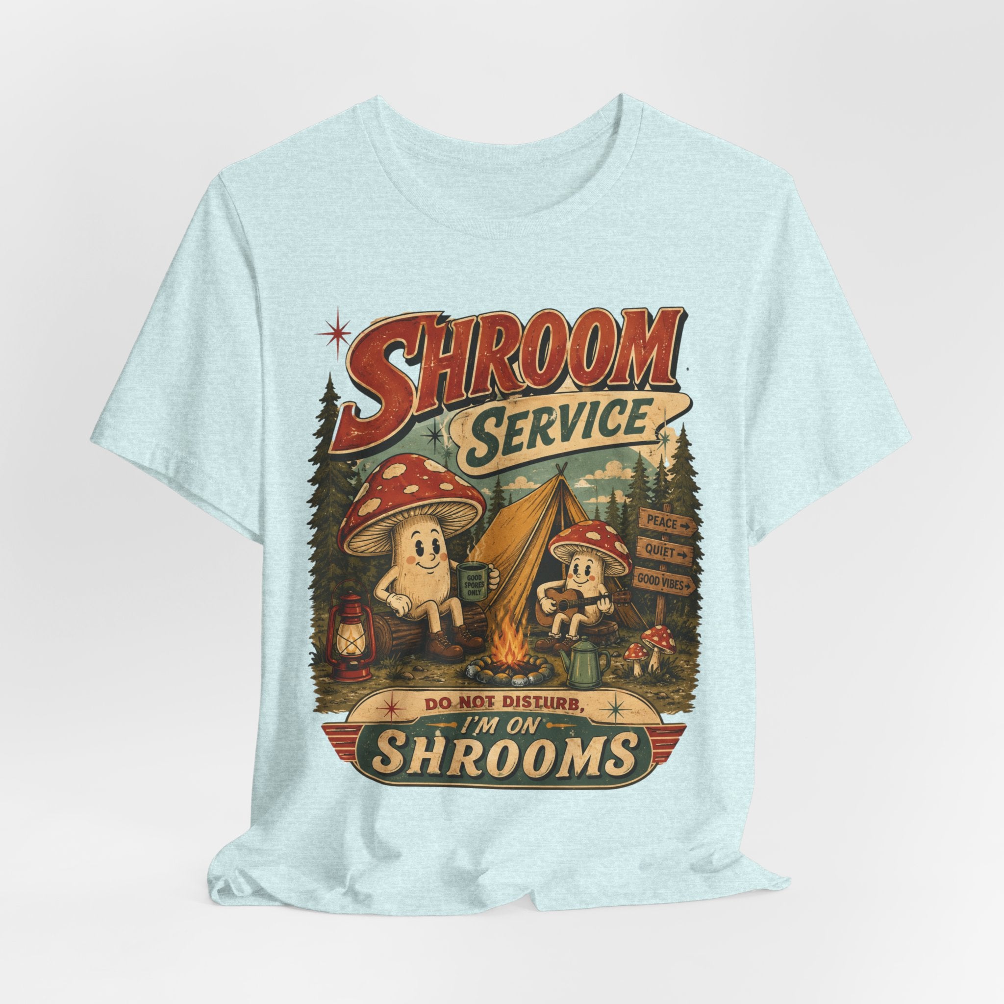 Shroom Service T-Shirt in Black Heather detail - retro mushroom campfire camping close-up graphic