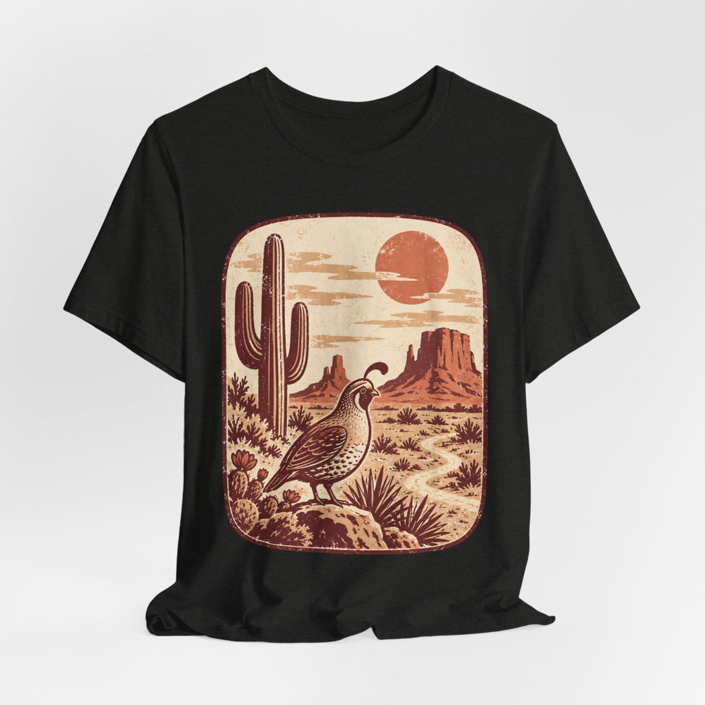 Gambel's Quail Desert Sunset Tee in Black Heather - desert quail sunset shirt, Barely Outdoorsy Bella Canvas