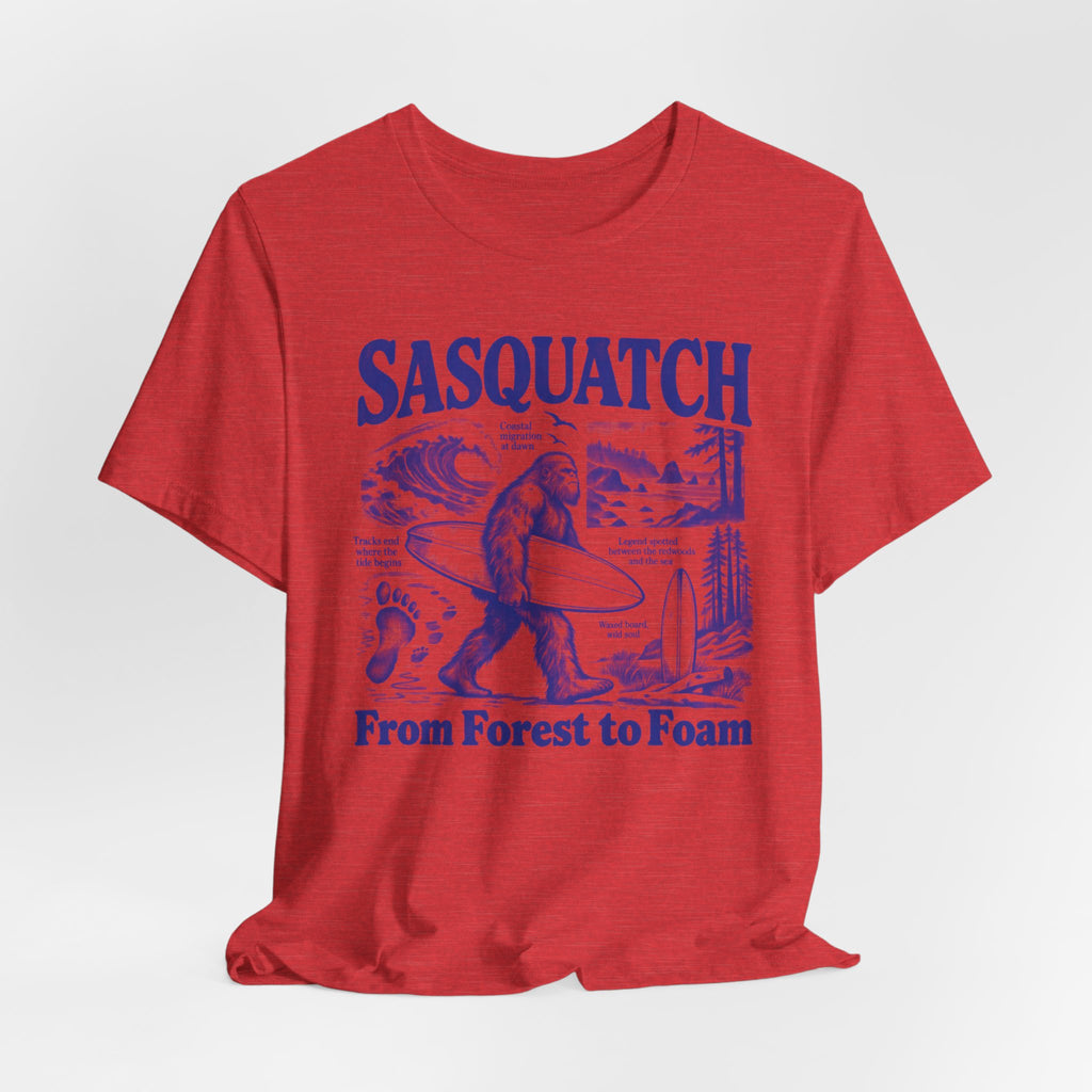 Sasquatch From Forest to Foam T-Shirt in Heather Purple - funny Sasquatch surf graphic tee, Barely Outdoorsy