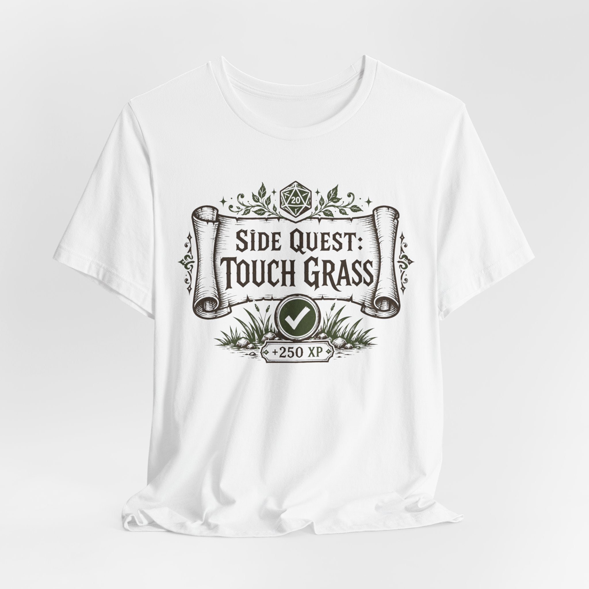 Side Quest Touch Grass Tee in White - funny RPG touch grass quest completed graphic shirt, Barely Outdoorsy