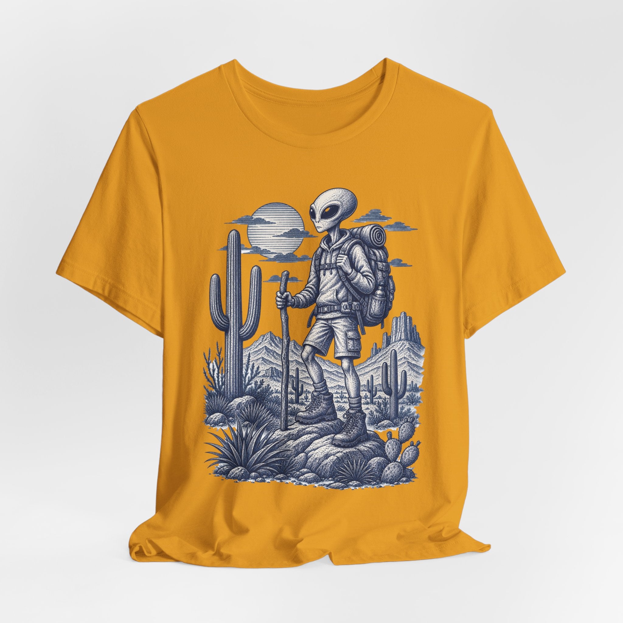 Alien Hiker Desert Backpacking T-Shirt in White worn shot - funny alien hiker desert shirt, Barely Outdoorsy Bella Canvas