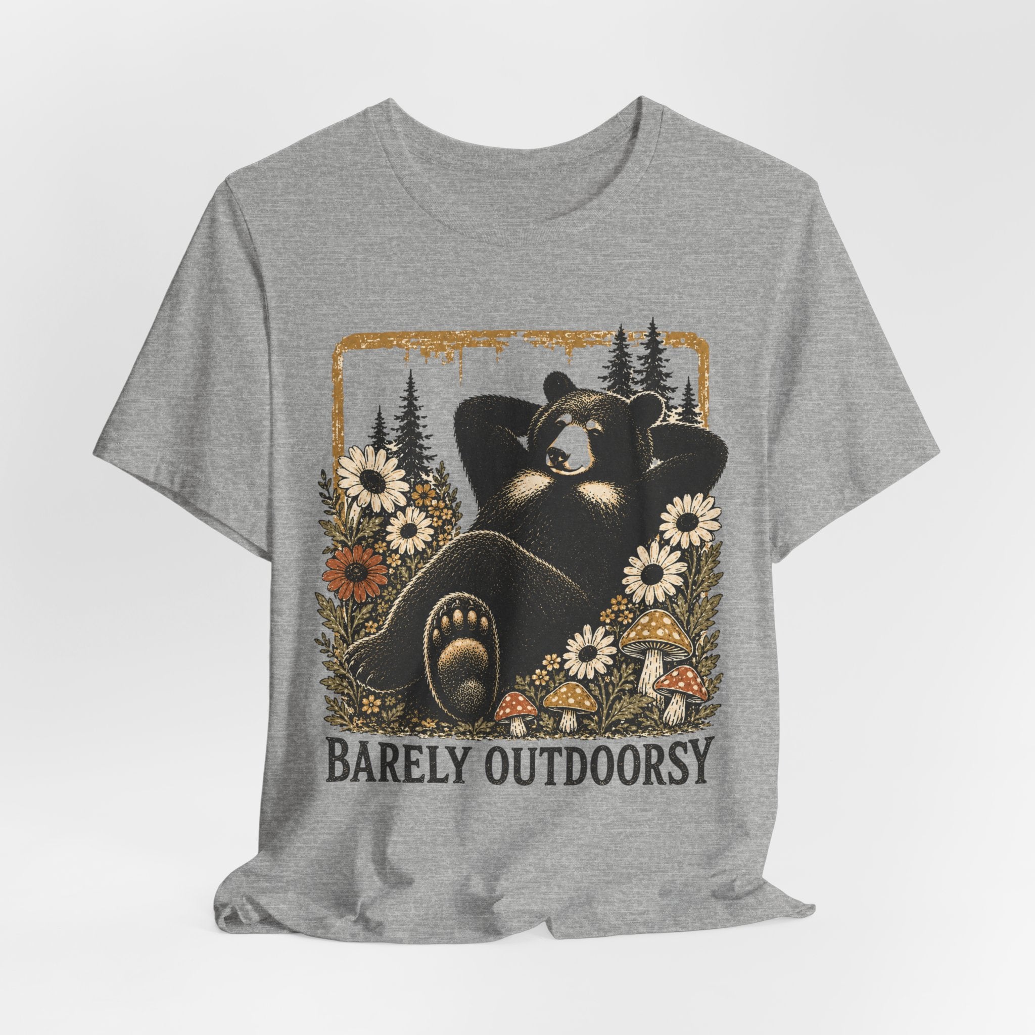 Barely Outdoorsy Lounging Bear T-Shirt in Heather Prism Lilac - funny lounging bear graphic tee, Barely Outdoorsy Bella Canvas