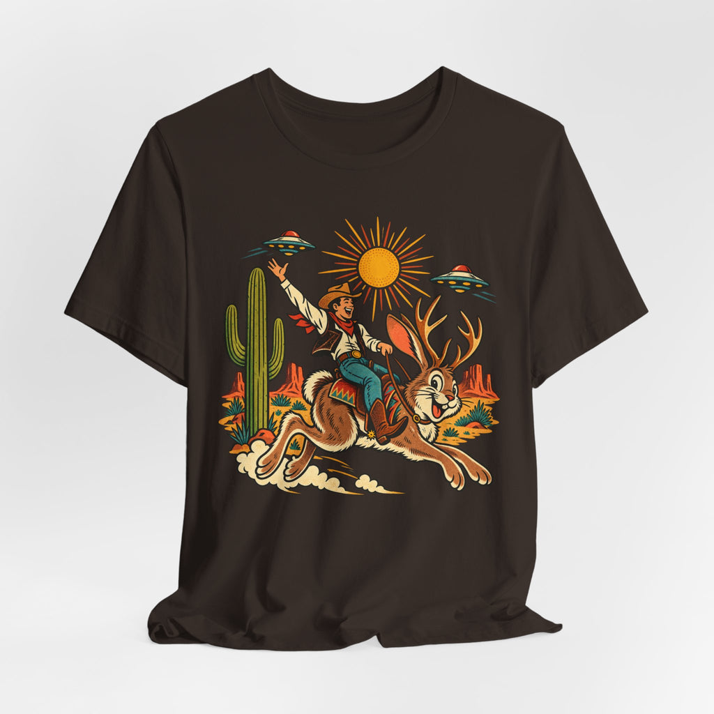 Jackalope Rodeo Rider T-Shirt in White - funny retro jackalope rodeo graphic tee, Barely Outdoorsy Bella Canvas
