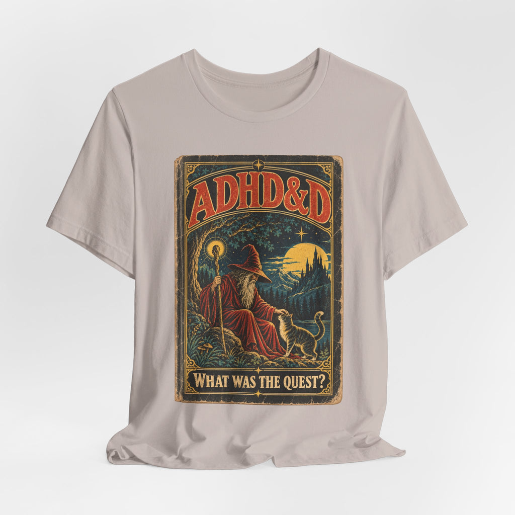 ADHD&D What Was the Quest T-Shirt in Heather Raspberry - funny ADHD neurodivergent D&D RPG parody graphic tee, Barely Outdoorsy