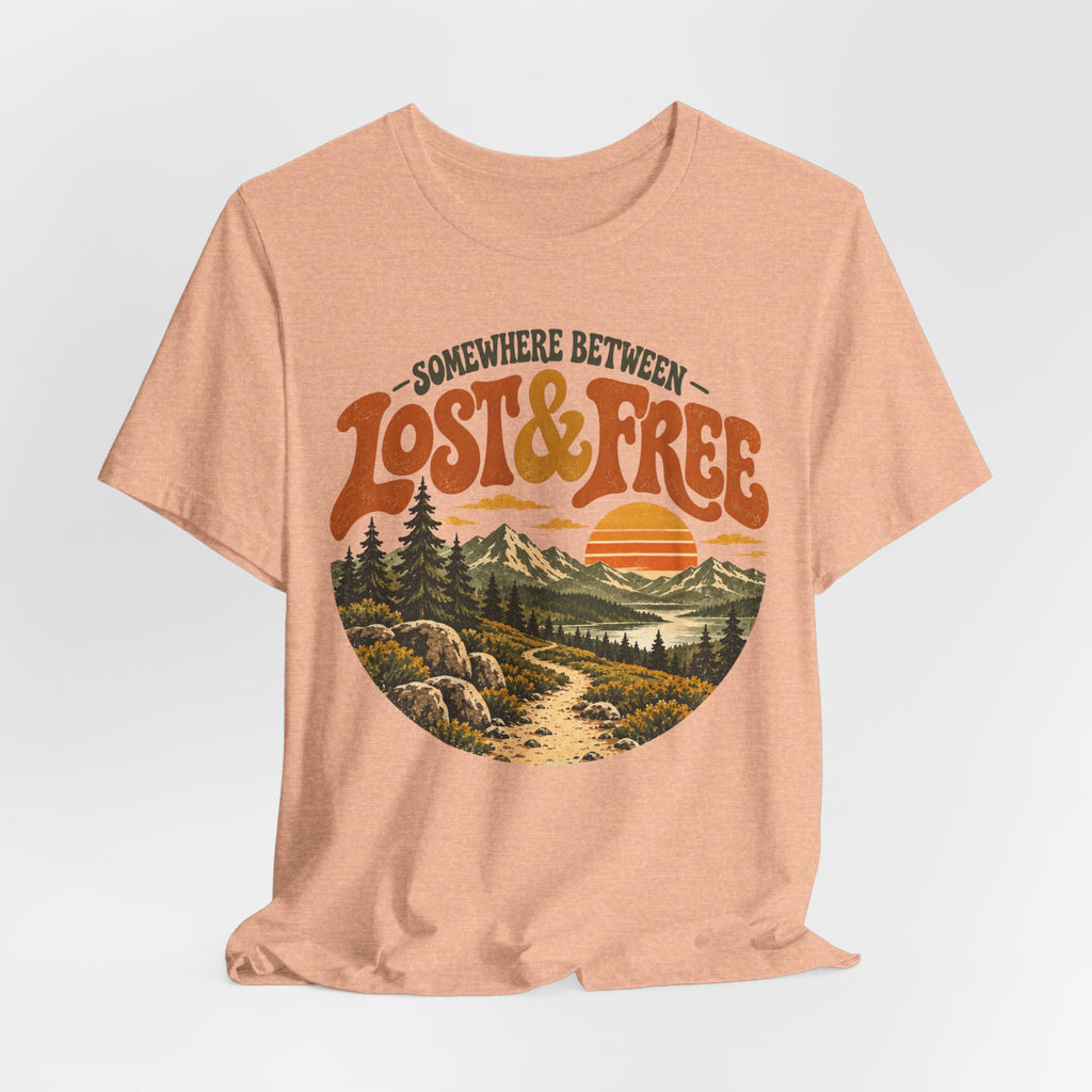 Somewhere Between Lost Free Tee in Dark Grey Heather - retro hiking lost free shirt, Barely Outdoorsy