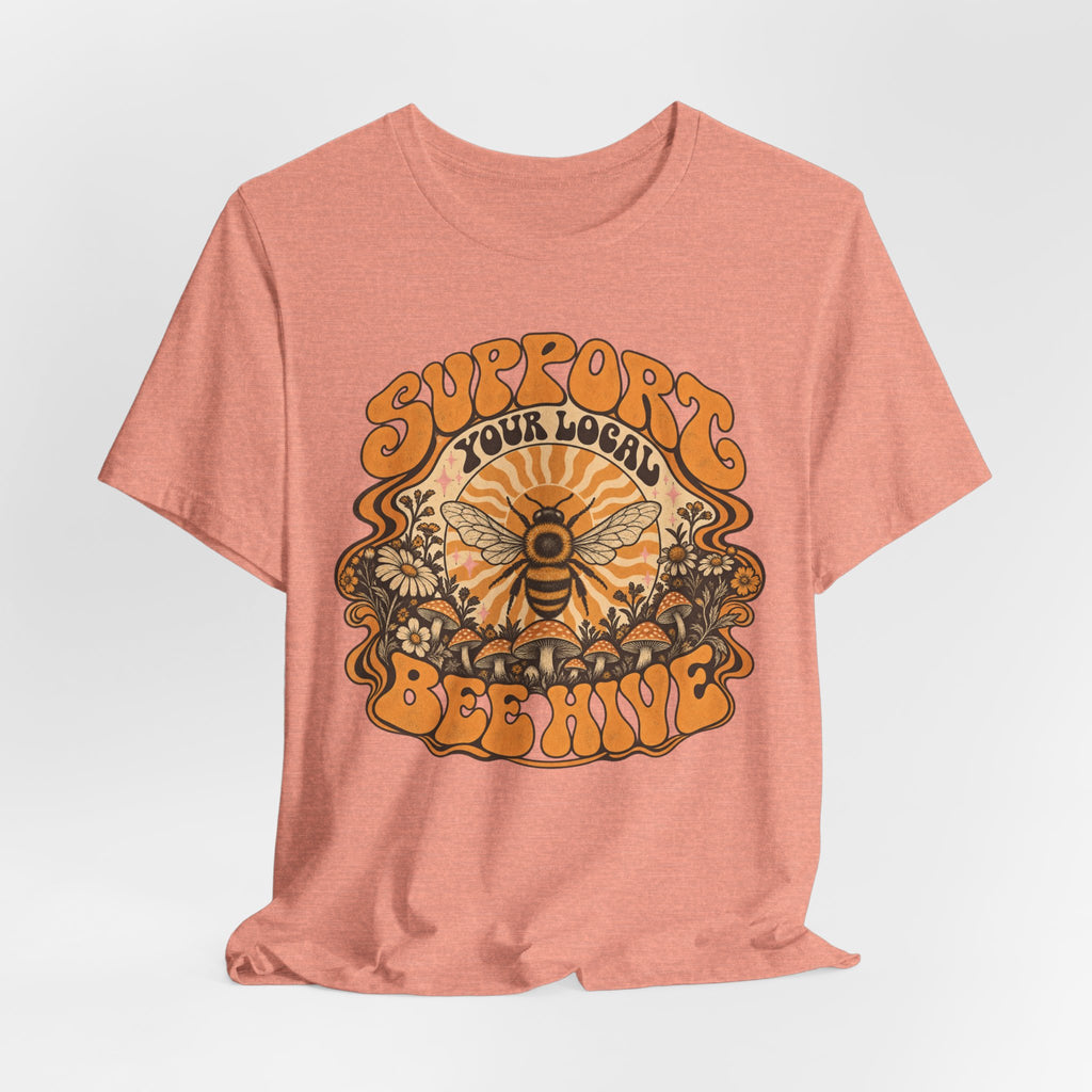 Support Your Local Bee Hive Tee in Heather Stone - bee hive wildflower sunburst shirt, Barely Outdoorsy Bella Canvas