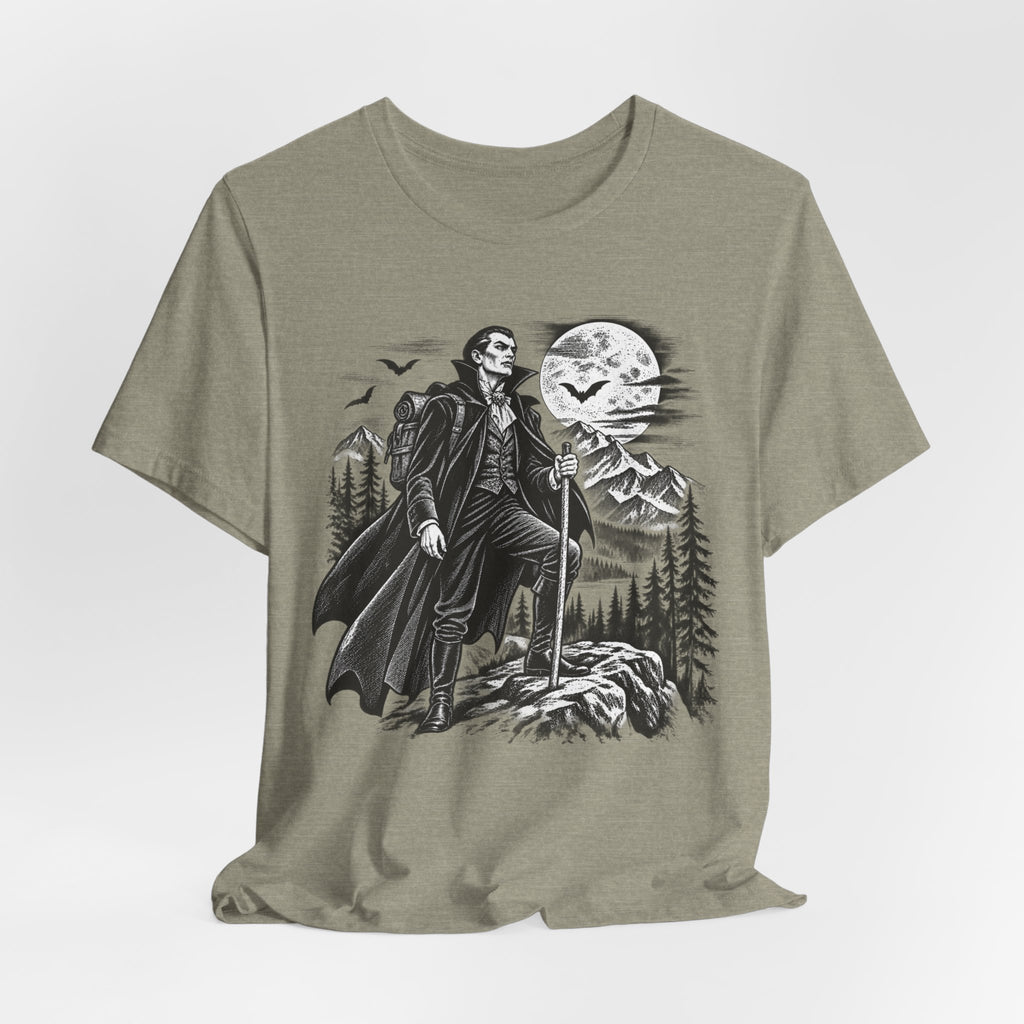 Vampire Night Hiker T-Shirt in Heather Stone - funny Halloween vampire hiking graphic tee, Barely Outdoorsy