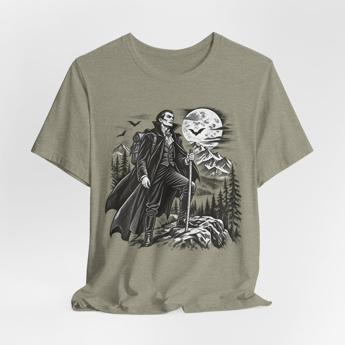 Vampire Night Hiker T-Shirt in Heather Stone - funny Halloween vampire hiking graphic tee, Barely Outdoorsy