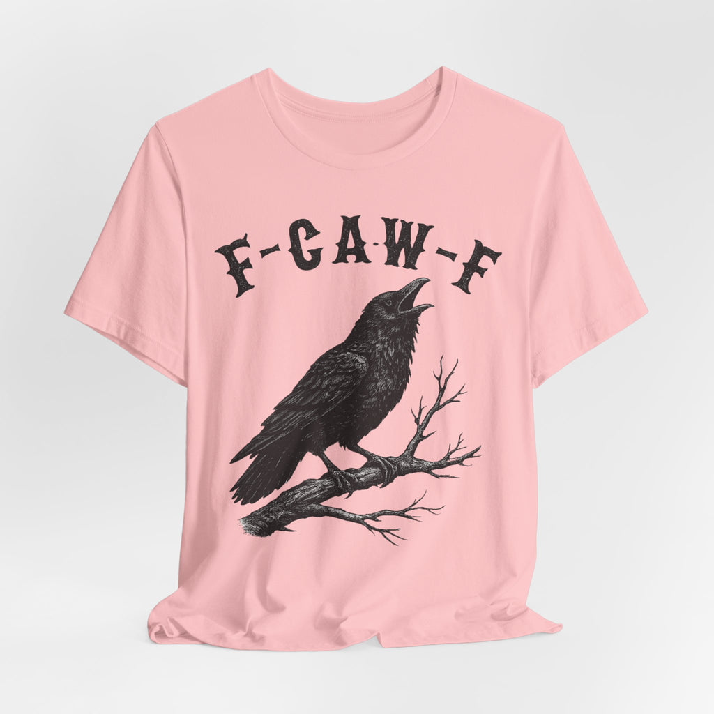 F-CAW-F Funny Crow T-Shirt flat lay Athletic Heather - unisex crew neck crow humor graphic tee, Barely Outdoorsy
