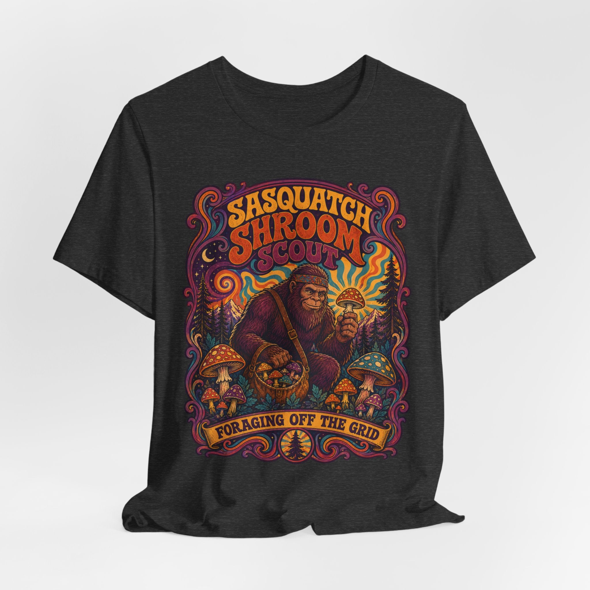 Sasquatch Shroom Scout Tee in Black Heather - funny cryptid fungi graphic tee, Barely Outdoorsy