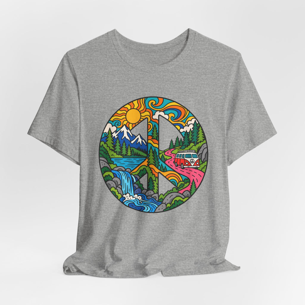 Peace Sign Mountain Van Tee in Black Heather - retro mountain van camping shirt, Barely Outdoorsy Bella Canvas