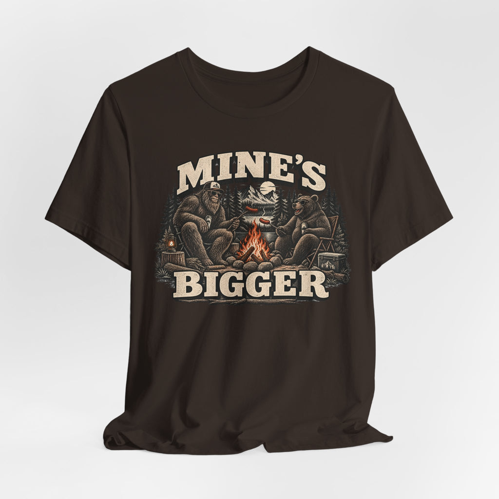 Mine's Bigger Funny Bigfoot T-Shirt in Black - funny Bigfoot campfire shadow humor graphic tee, Barely Outdoorsy Bella Canvas 3001