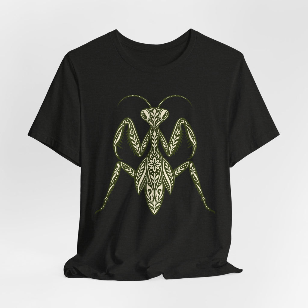 Ornamental Praying Mantis T-Shirt in Heather Team Purple - goblincore ornamental folk art praying mantis insect graphic tee, Barely Outdoorsy