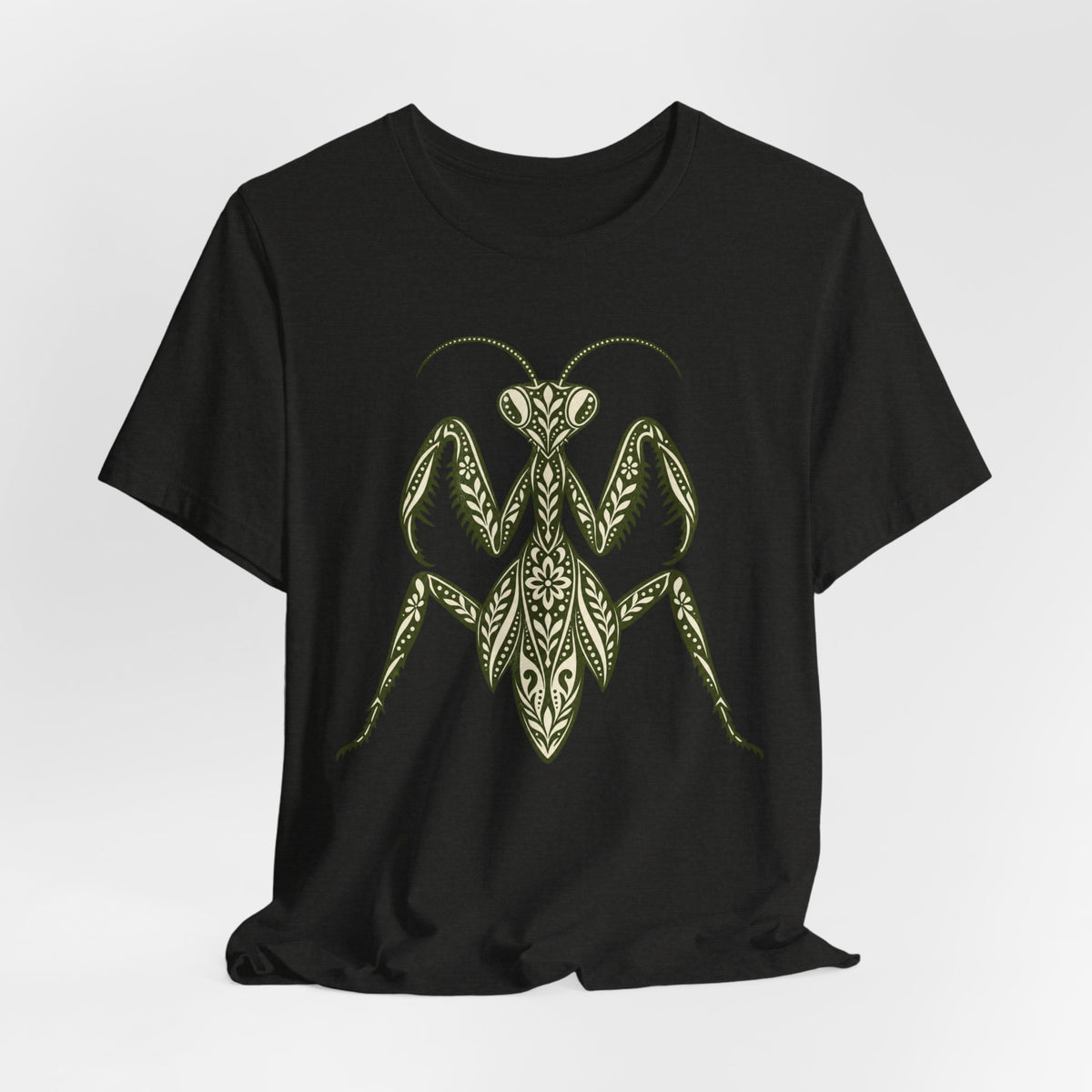 Ornamental Praying Mantis T-Shirt in Heather Team Purple - goblincore ornamental folk art praying mantis insect graphic tee, Barely Outdoorsy