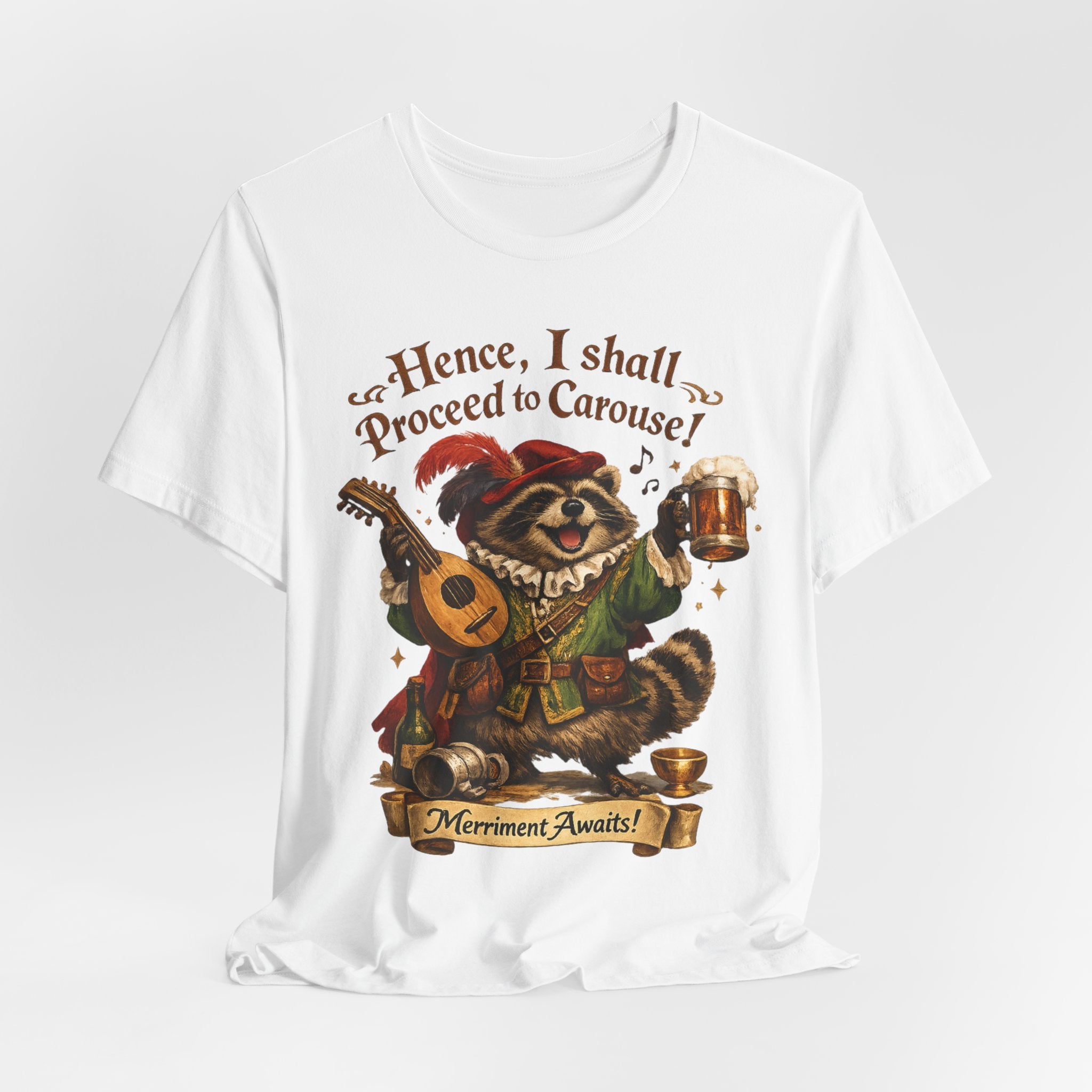 Raccoon Bard Tee in Black Heather - funny Renaissance raccoon RPG bard shirt, Barely Outdoorsy Bella Canvas 3001