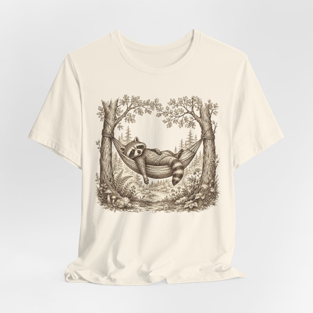 Raccoon Hammock T-Shirt in Dark Grey Heather - vintage toile etching raccoon resting graphic tee, Barely Outdoorsy Bella Canvas 3001
