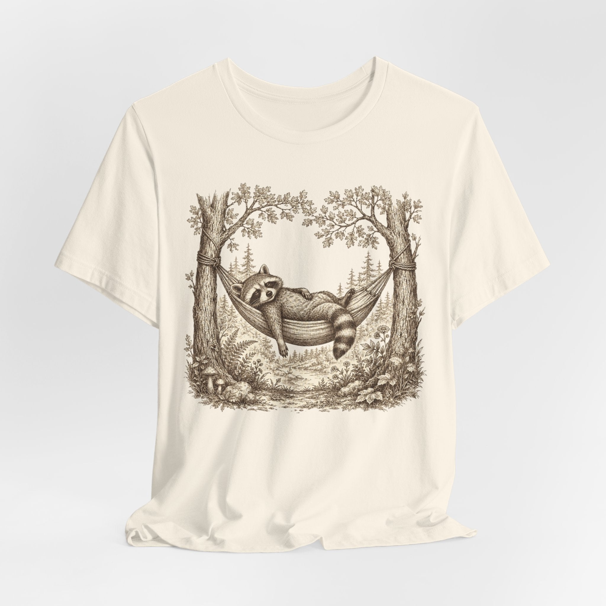 Raccoon Hammock T-Shirt in Dark Grey Heather - vintage toile etching raccoon resting graphic tee, Barely Outdoorsy Bella Canvas 3001