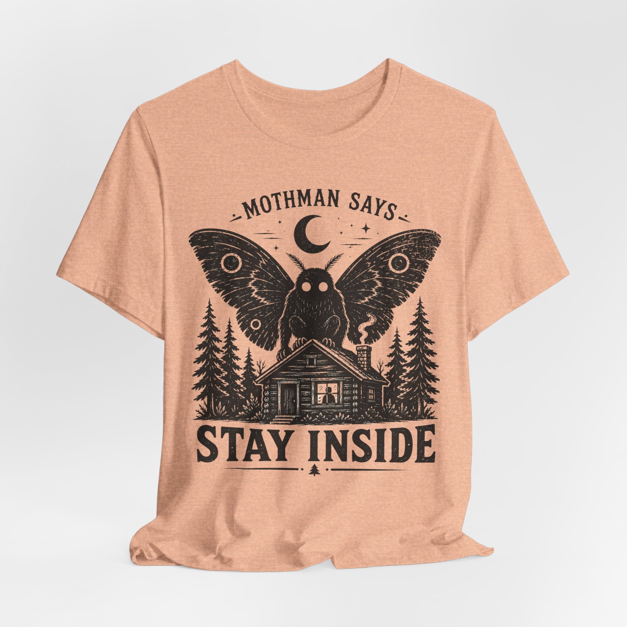 Mothman Says Stay Inside Tee in Mauve - funny Mothman warning humor shirt, Barely Outdoorsy Bella Canvas 3001