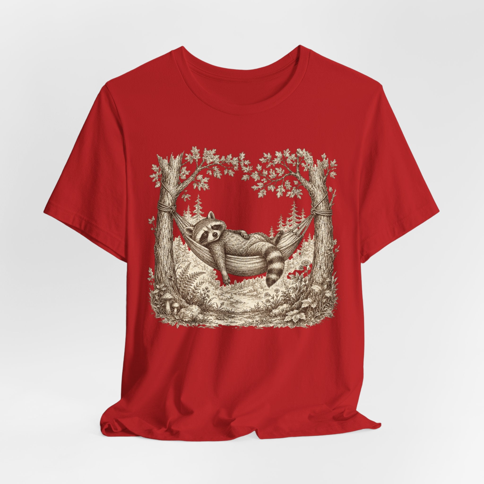 Raccoon Hammock Tee in Heather True Royal detail - crosshatch etching raccoon wildflowers close-up graphic
