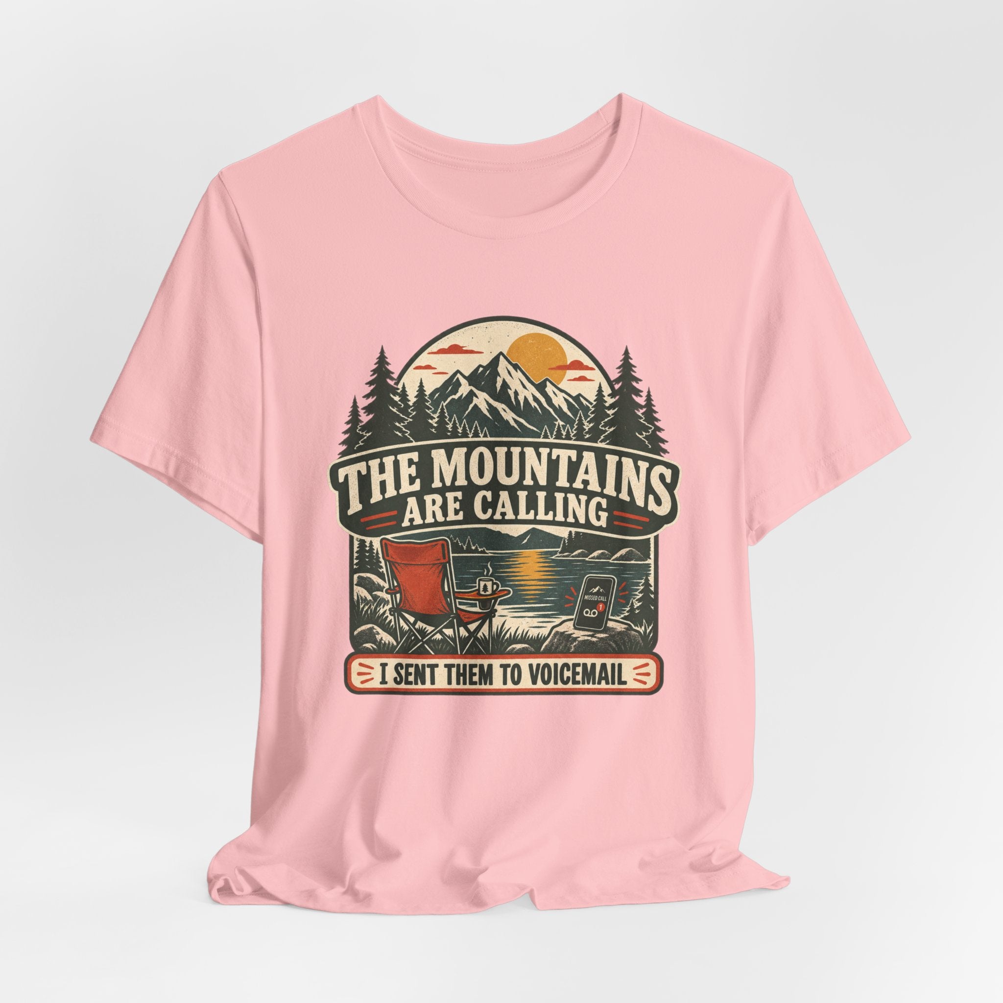 Mountains Are Calling Voicemail Tee in Pink worn shot - funny hiking voicemail humor shirt, Barely Outdoorsy Bella Canvas