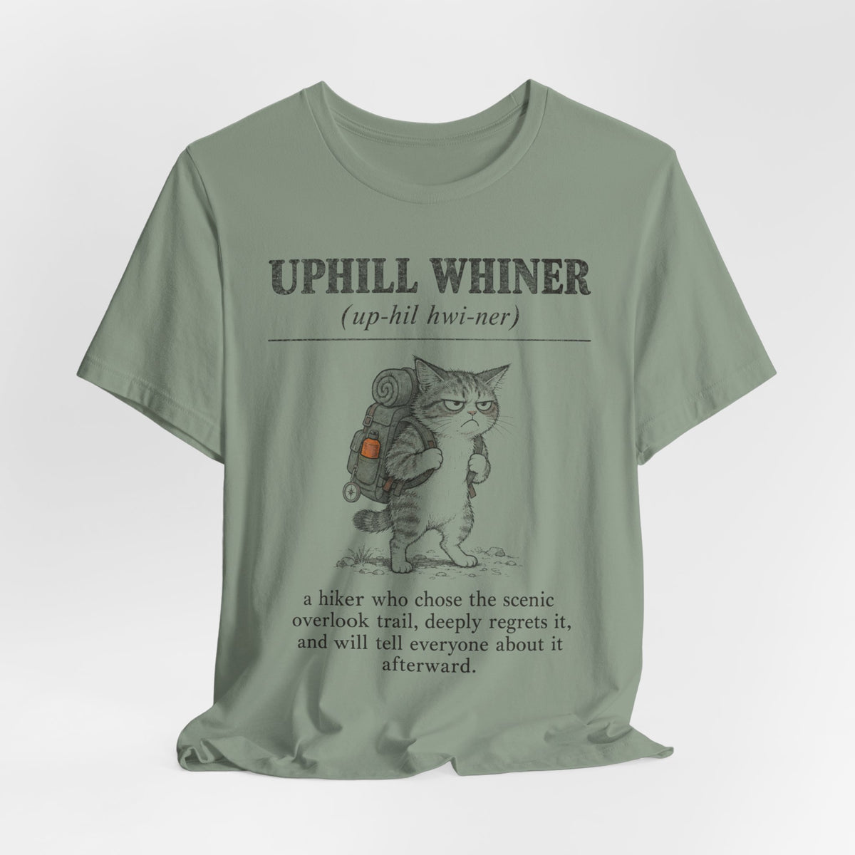 Uphill Whiner Hiking Cat Tee flat lay Heather Tan - unisex crew neck hiking cat graphic tee, Barely Outdoorsy