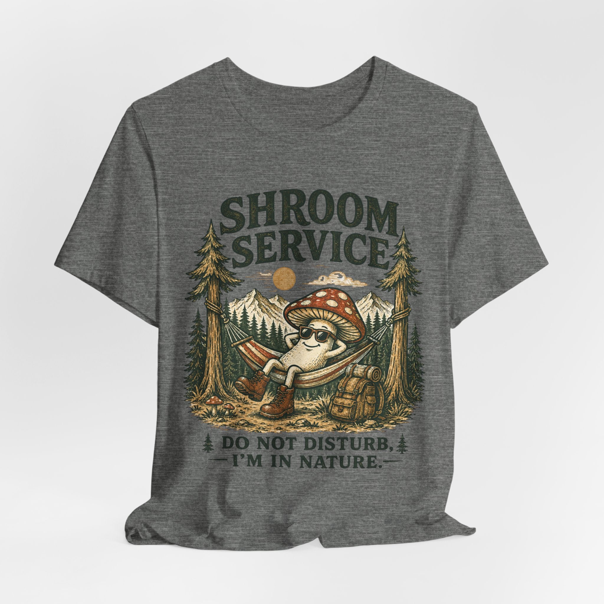 Shroom Service Tee in Vintage White - mushroom hammock mountains relax shirt, Barely Outdoorsy Bella Canvas 3001