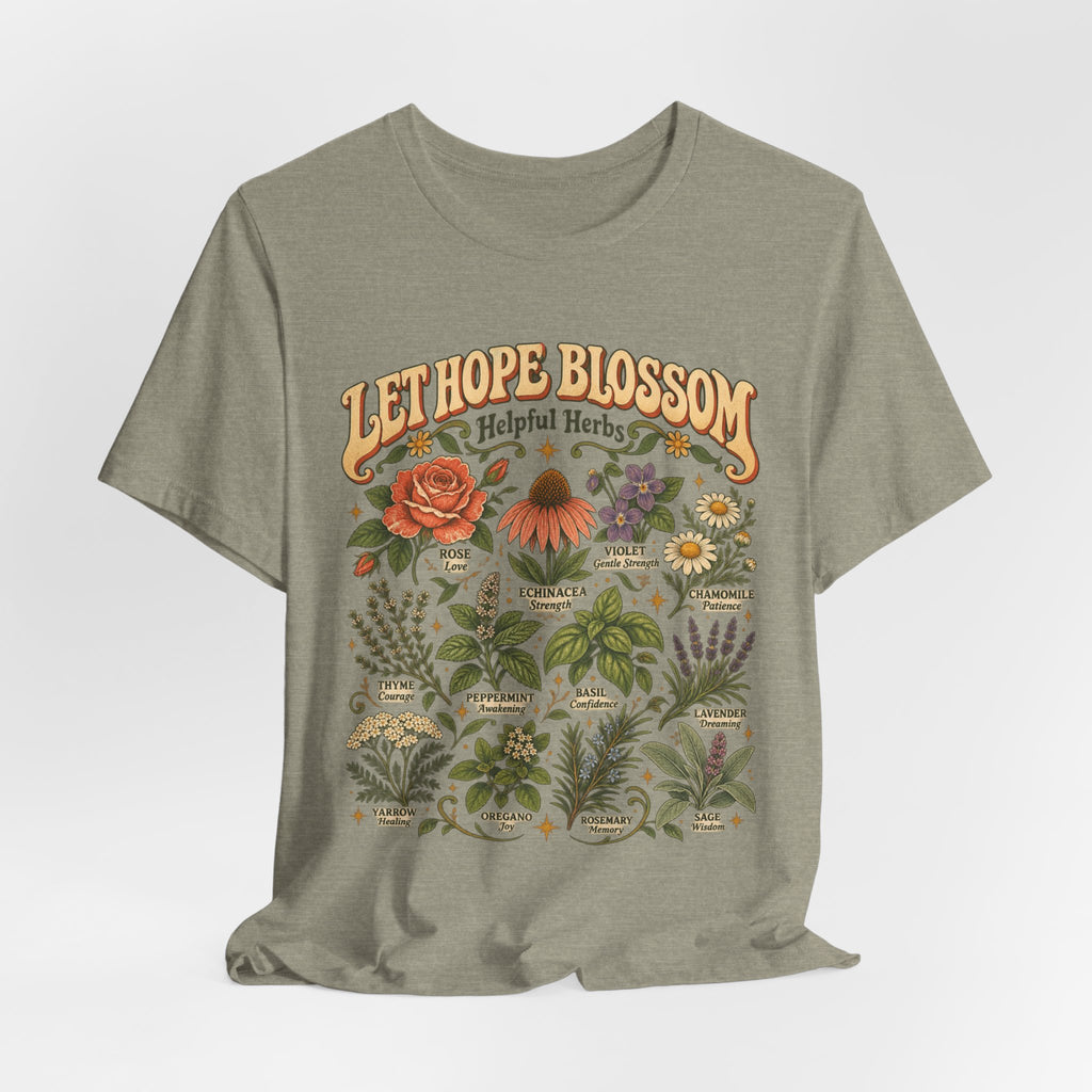 Let Hope Blossom Helpful Herbs T-Shirt in Natural - cottagecore botanical helpful herbs hope wildflower graphic tee, Barely Outdoorsy
