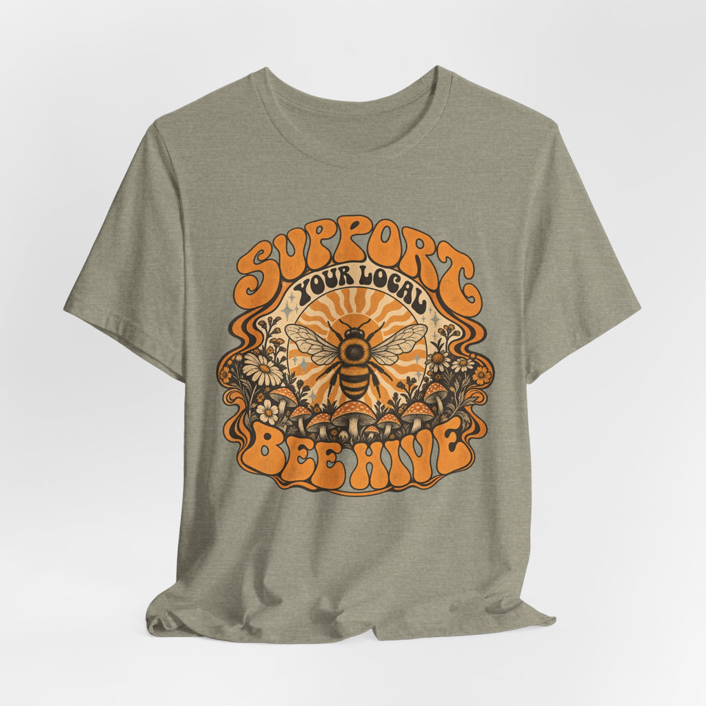 Support Your Local Bee Hive T-Shirt in Heather Green - cottagecore bee hive sunburst graphic tee, Barely Outdoorsy Bella Canvas