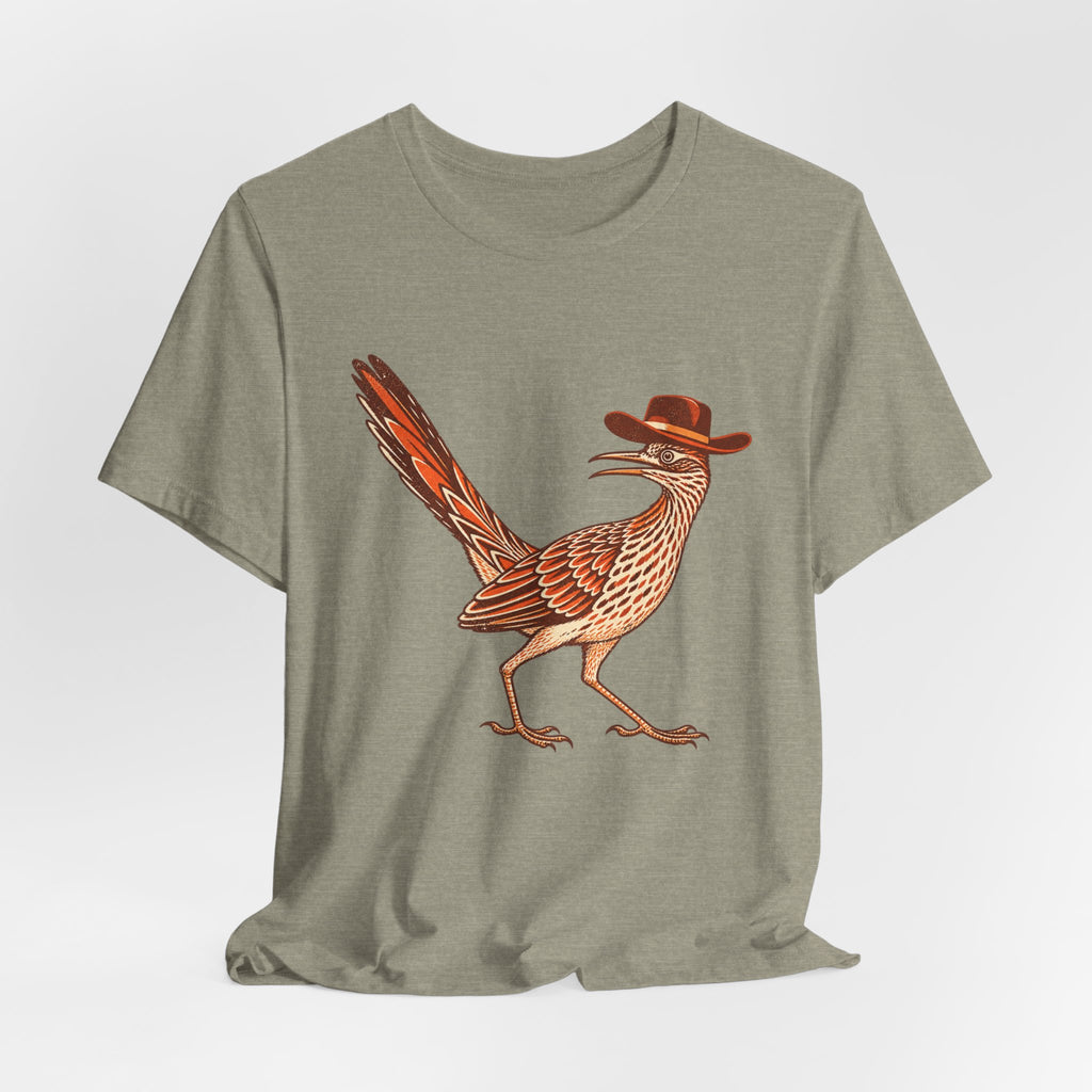 Cowboy Roadrunner T-Shirt in Heather Green - funny Southwest cowboy roadrunner humor graphic tee, Barely Outdoorsy
