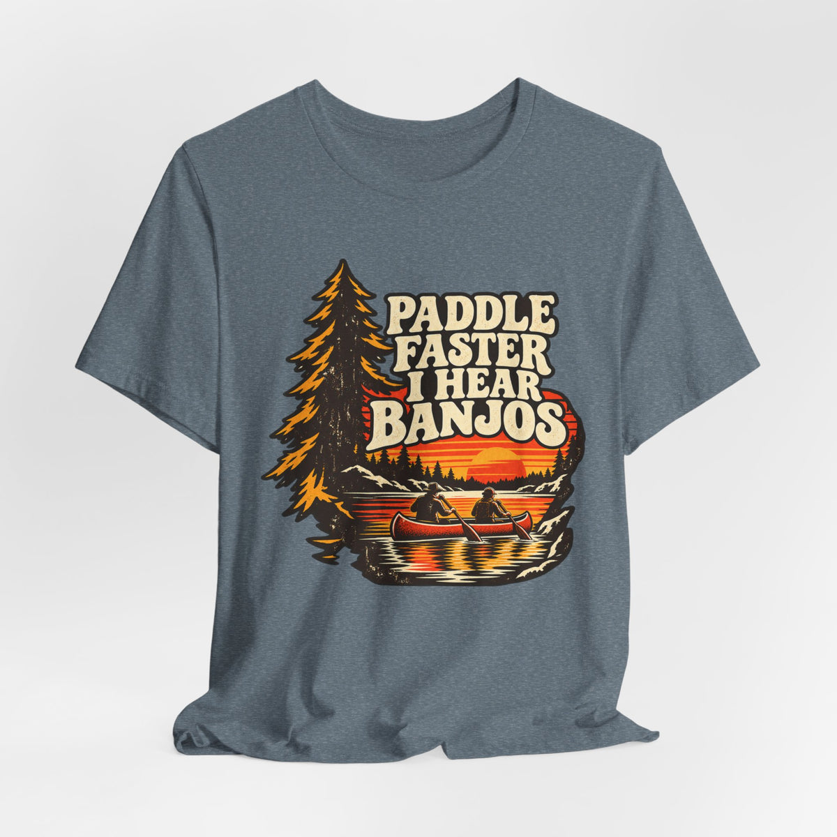 Paddle Faster I Hear Banjos Canoe Tee in Heather Navy - funny paddle faster banjos shirt, Barely Outdoorsy