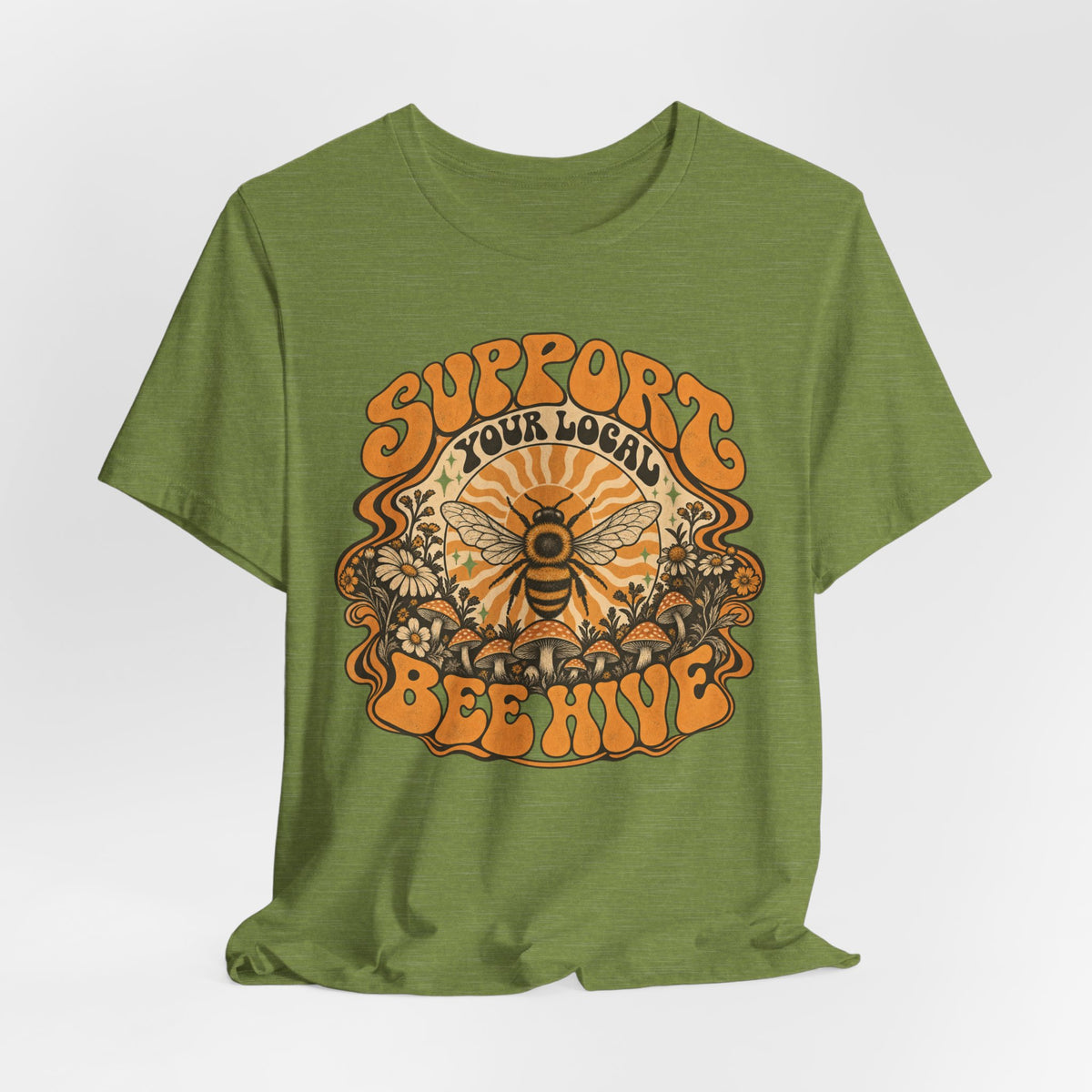 Support Your Local Bee Hive T-Shirt in Heather Sunset - cottagecore bee hive graphic tee, Barely Outdoorsy