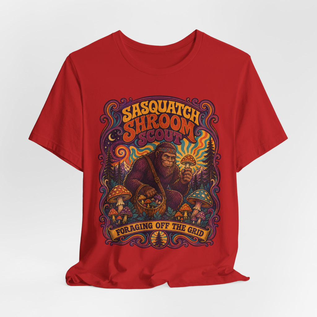 Sasquatch Shroom Scout T-Shirt in Heather True Royal detail - mushroom foraging cryptid humor tee, Barely Outdoorsy