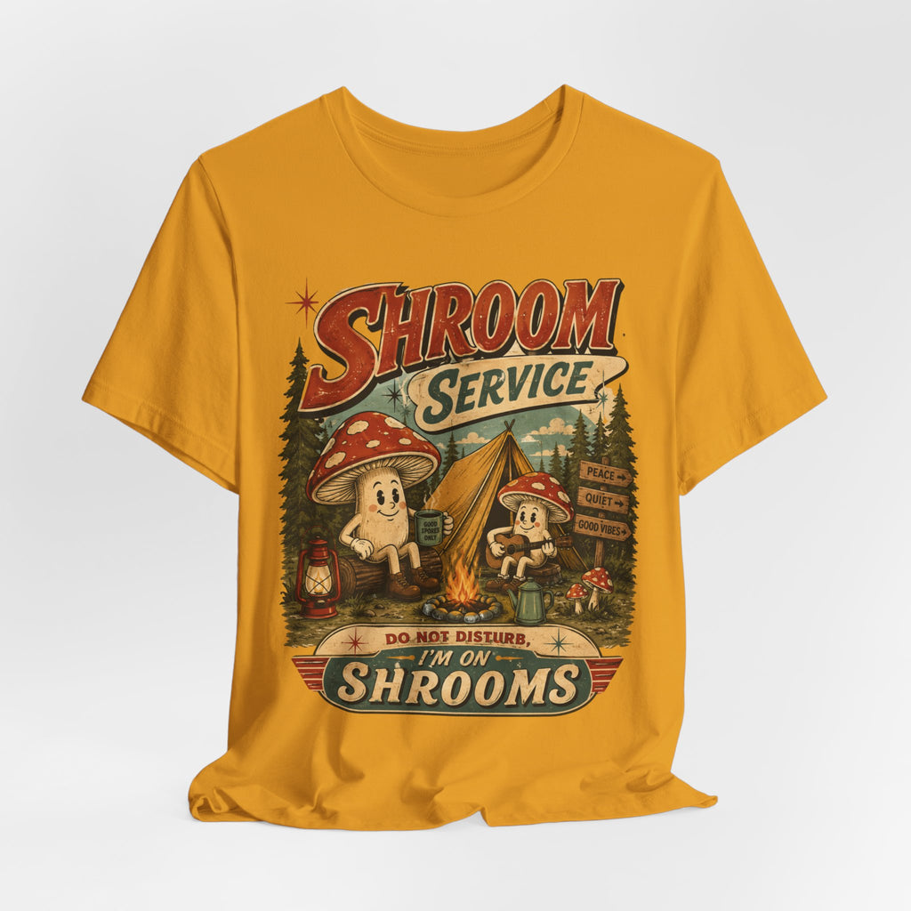 Shroom Service T-Shirt in Navy detail - cartoon mushroom guitar mug campfire close-up graphic, Barely Outdoorsy