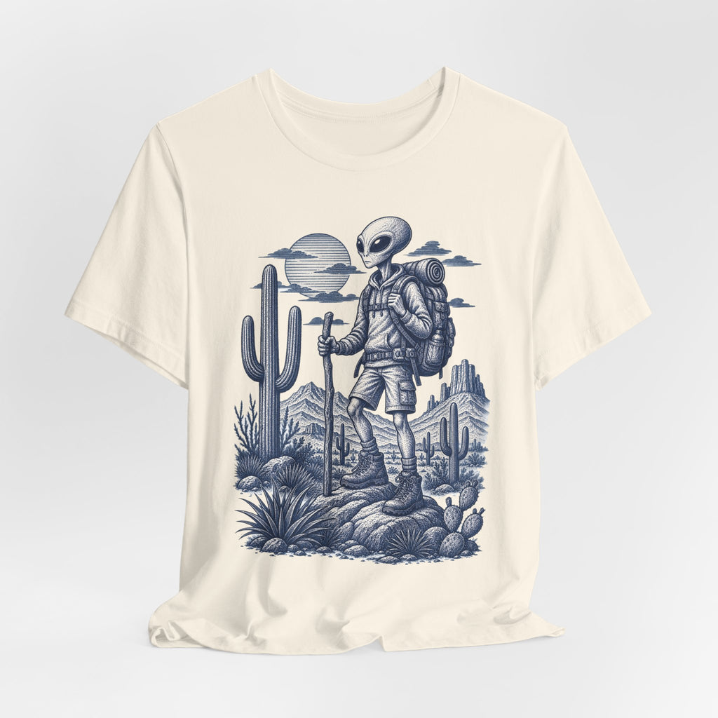Alien Hiker Desert Backpacking Tee in Pink - funny alien desert hiking shirt, Barely Outdoorsy