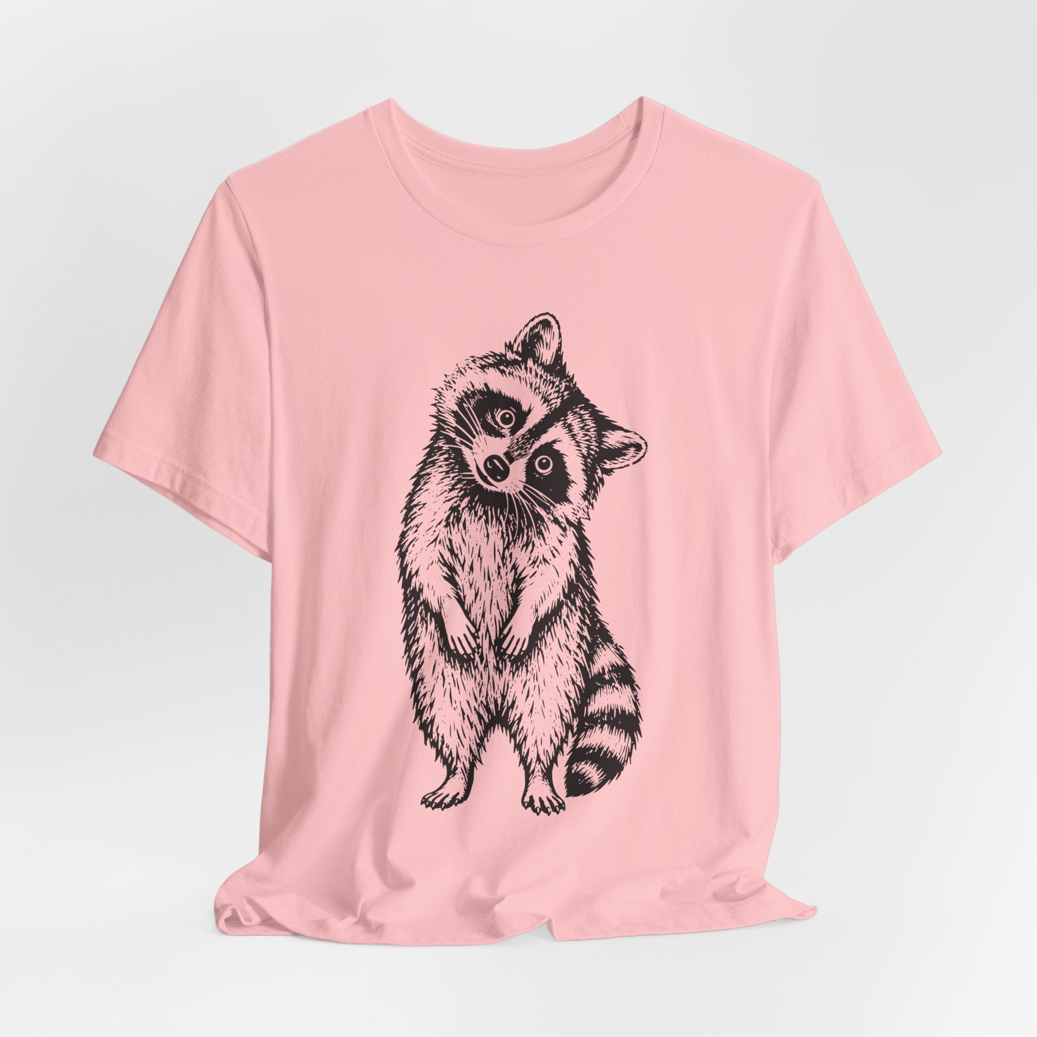 Suspicious Raccoon T-Shirt in White worn shot - funny suspicious trash panda shirt, Barely Outdoorsy