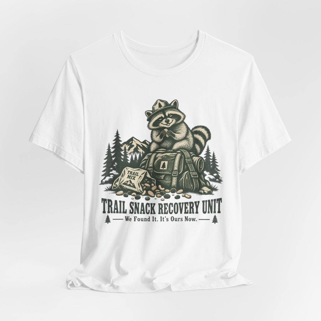 Trail Snack Recovery Unit Tee in Heather Peach - funny hiking trail snack shirt, Barely Outdoorsy Bella Canvas 3001
