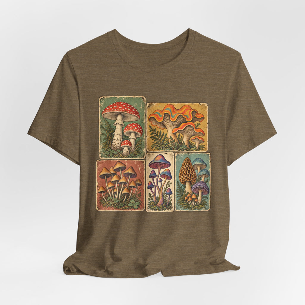 Favorite Mushroom Cards T-Shirt in Heather Stone - goblincore psychedelic mushroom card deck fungi graphic tee, Barely Outdoorsy