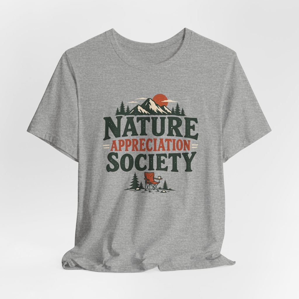 Nature Appreciation Society T-Shirt in Athletic Heather - retro badge nature society funny graphic tee, Barely Outdoorsy Bella Canvas 3001