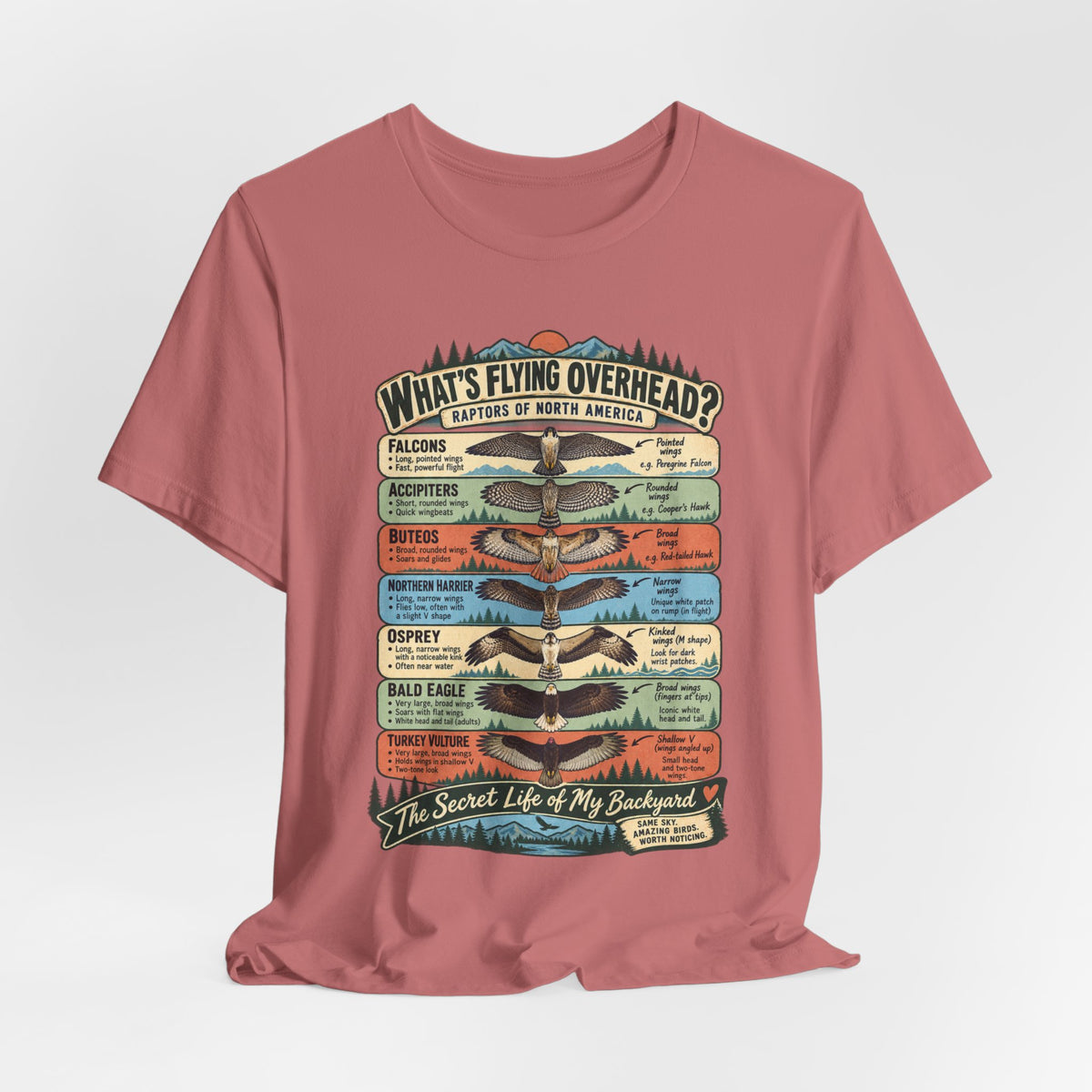 Raptors of North America Identification Tee in Mauve - vintage raptors field guide shirt, Barely Outdoorsy Bella Canvas