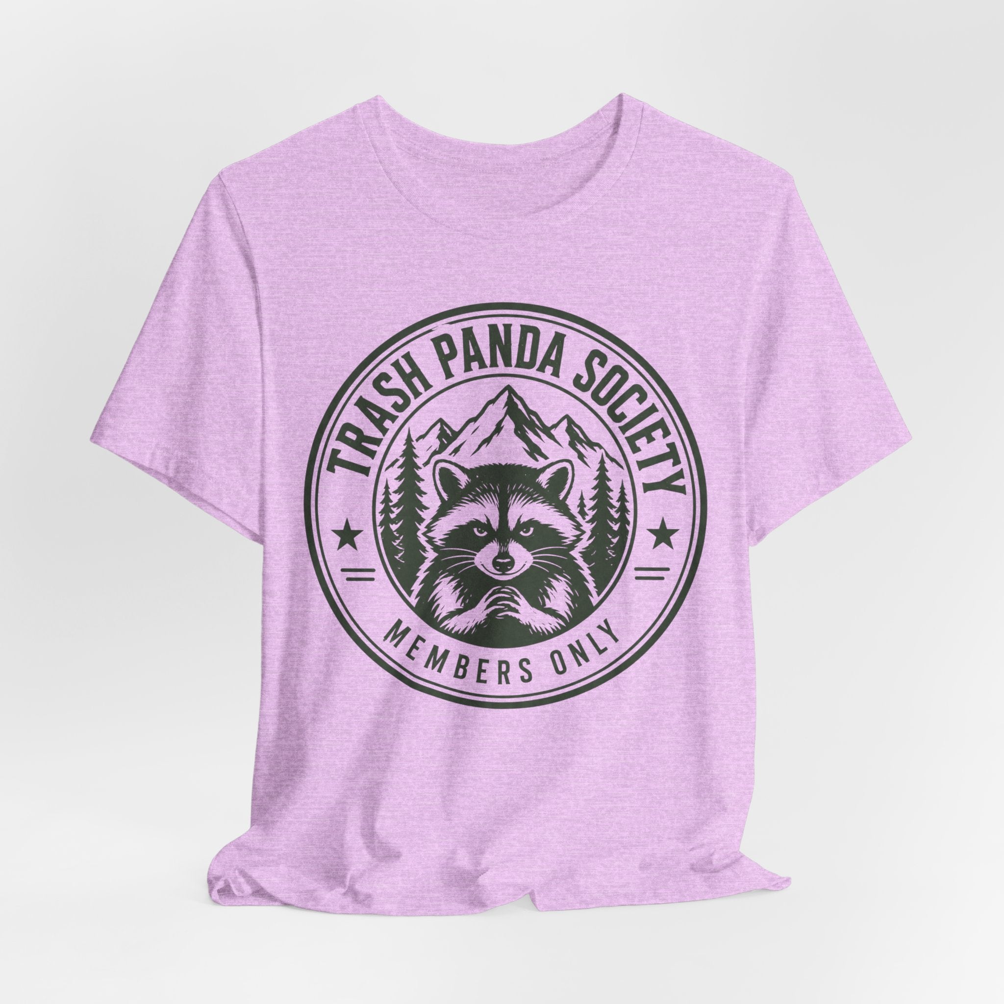 Trash Panda Society Tee in Heather Prism Lilac - raccoon society members badge humor shirt, Barely Outdoorsy Bella Canvas