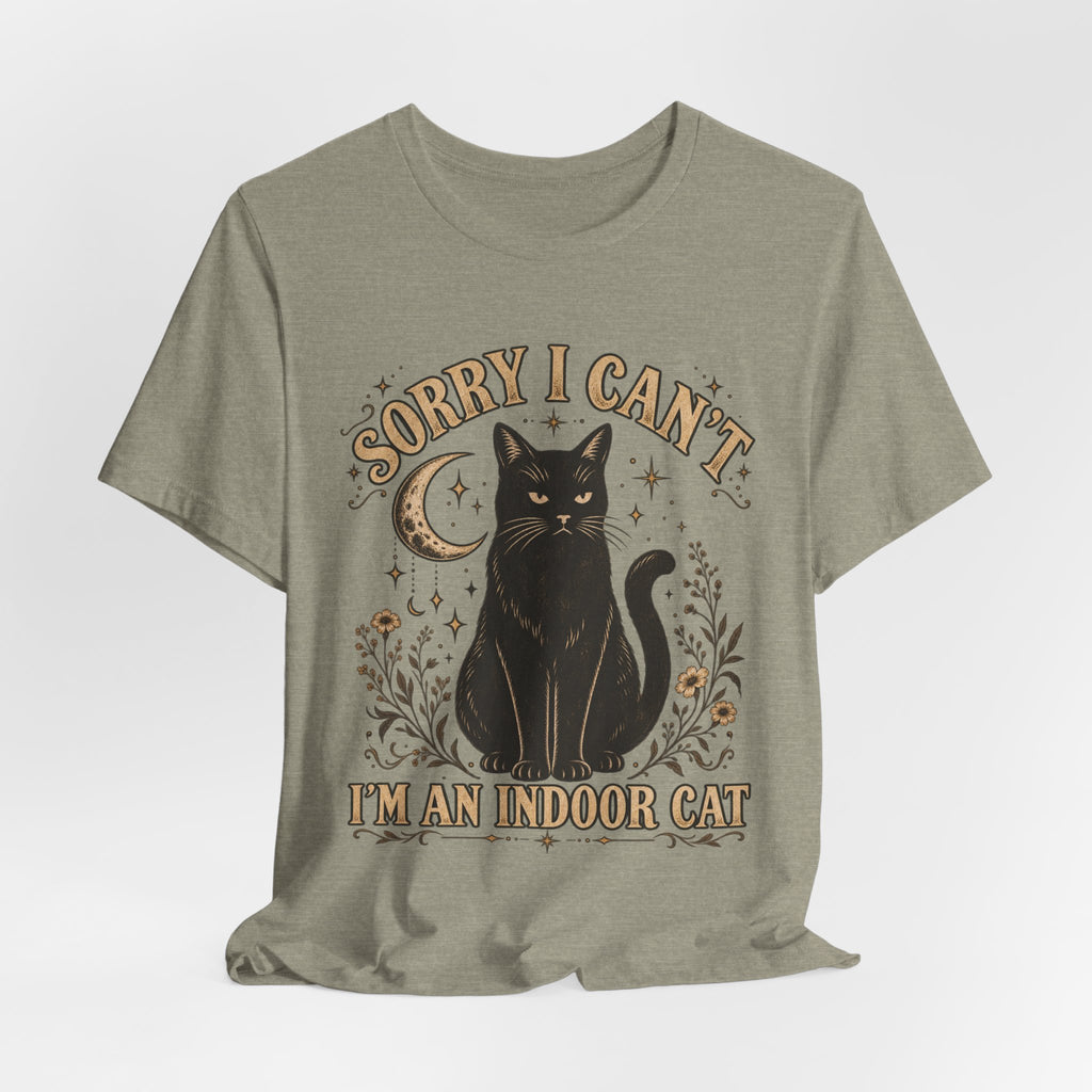 Sorry I Can't I'm an Indoor Cat T-Shirt in Dark Grey Heather - funny indoor cat introvert humor graphic tee, Barely Outdoorsy Bella Canvas 3001