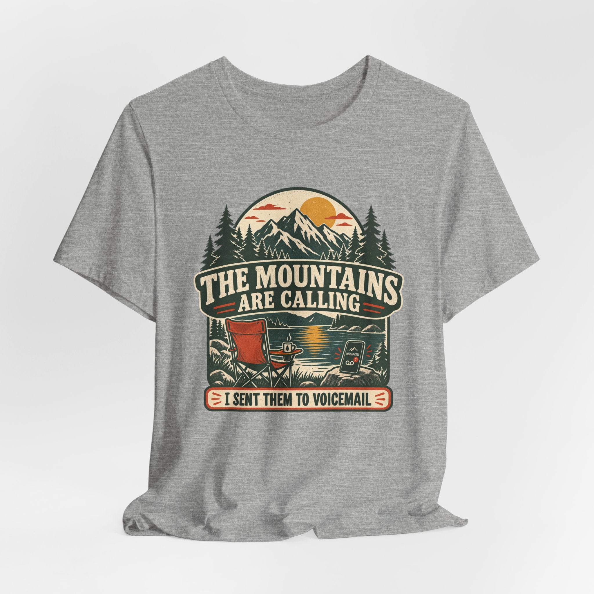Mountains Are Calling Voicemail Tee in Heather True Royal - funny hiking voicemail humor shirt, Barely Outdoorsy