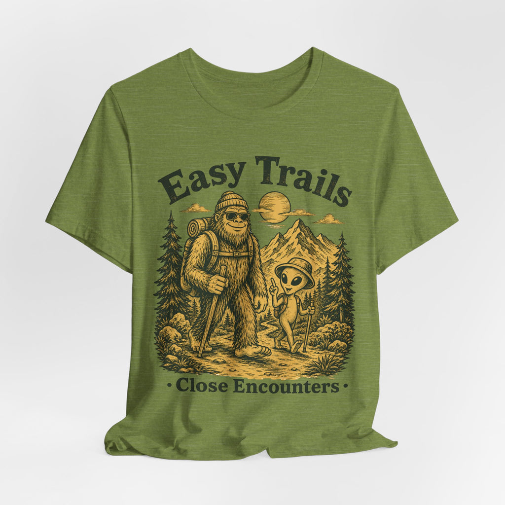 Easy Trails Close Encounters Tee flat lay Athletic Heather - unisex crew neck Bigfoot alien graphic tee, Barely Outdoorsy