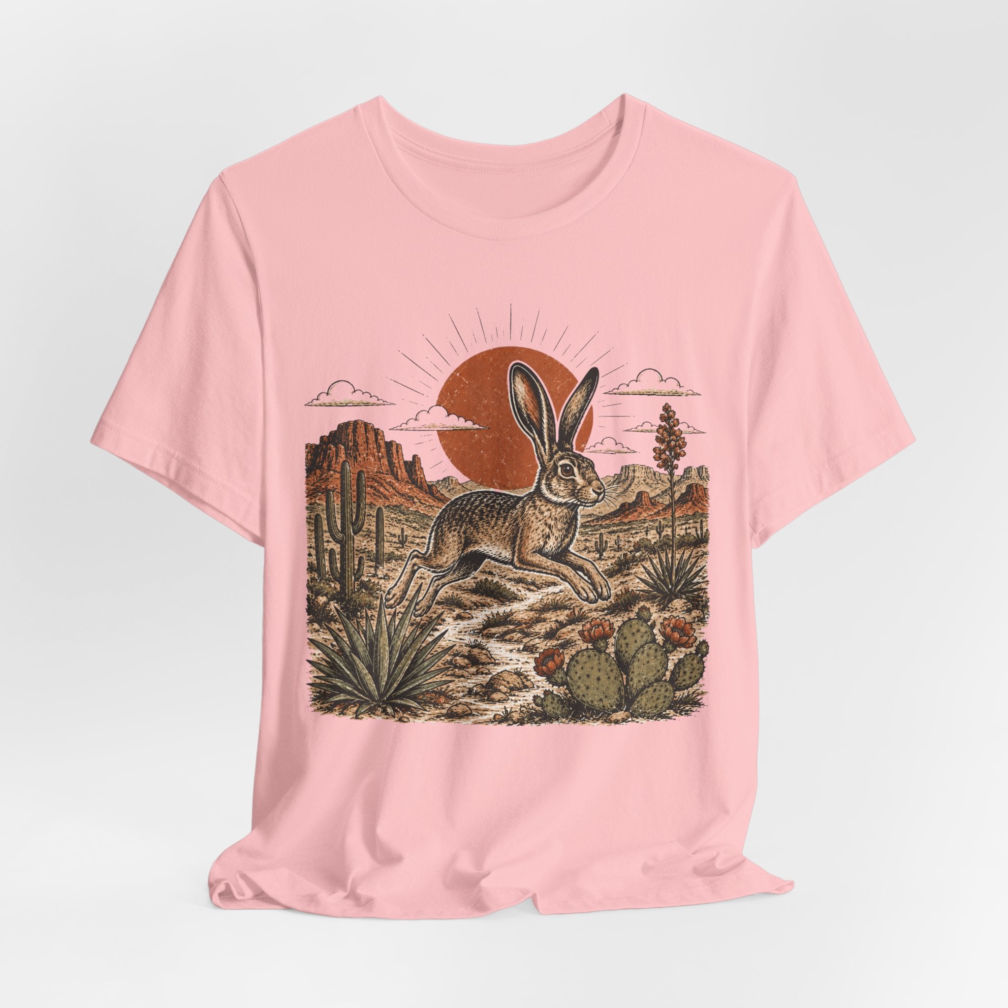 Desert Jackrabbit Sunset Tee in Heather Ice Blue - jackrabbit desert sunset Southwest shirt, Barely Outdoorsy Bella Canvas