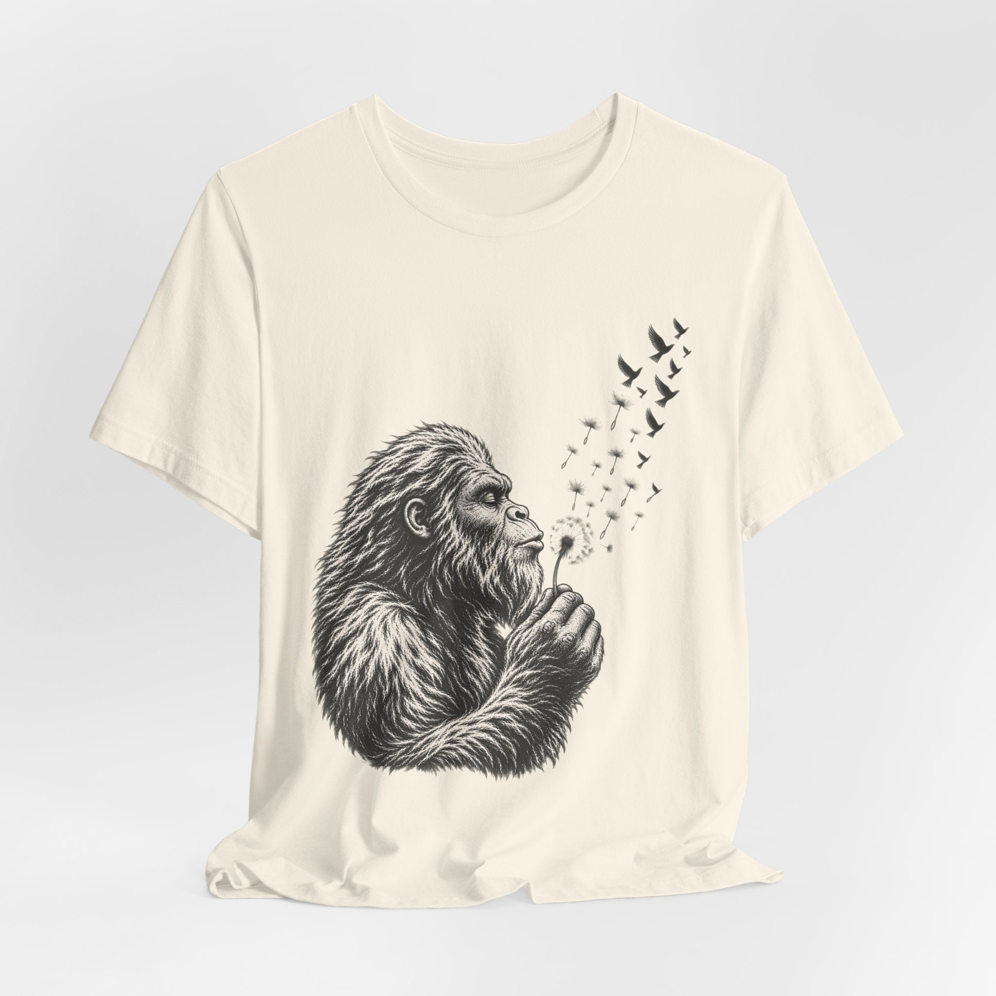 Bigfoot Blowing Dandelion Wishes Tee in White - funny Sasquatch dandelion wish shirt, Barely Outdoorsy Bella Canvas 3001