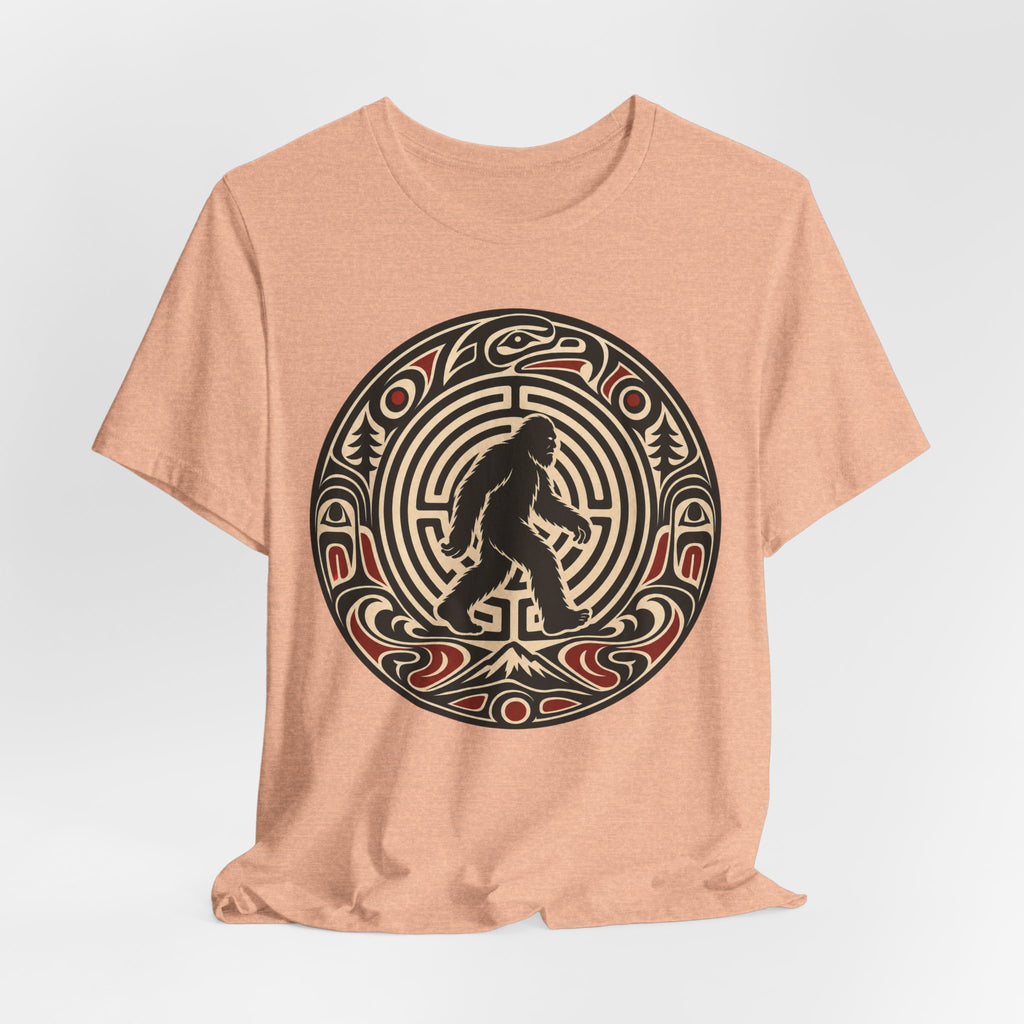 Bigfoot Pacific Northwest Tee in Red - bold formline Bigfoot circular design shirt, Barely Outdoorsy
