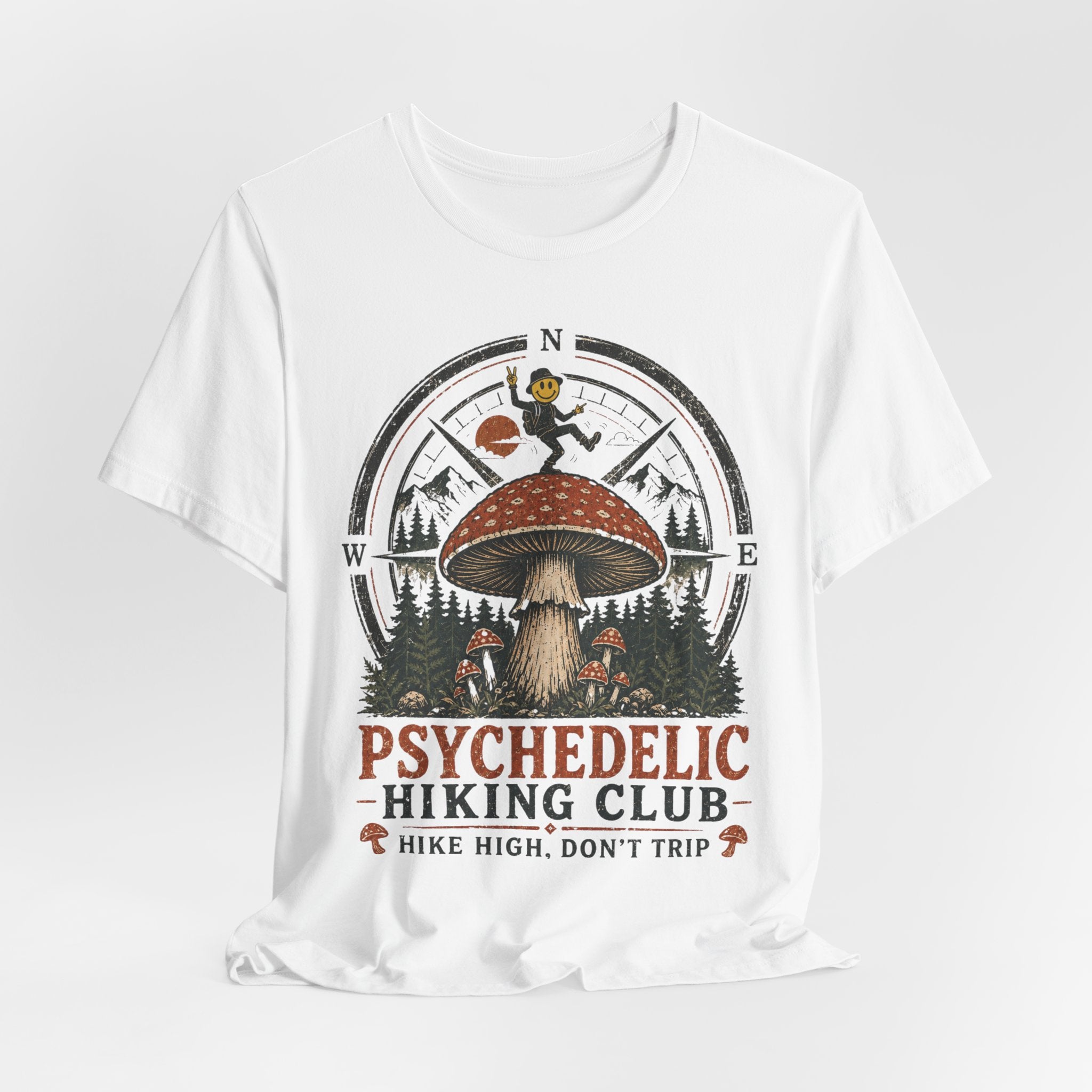 Psychedelic Hiking Club Tee in Pink - dark cottagecore mushroom crow hiking shirt, Barely Outdoorsy