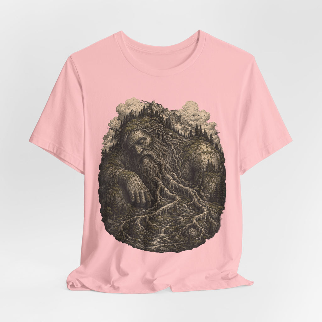 Sleeping Mountain Giant T-Shirt in Red - painterly sleeping giant fantasy nature tee, Barely Outdoorsy