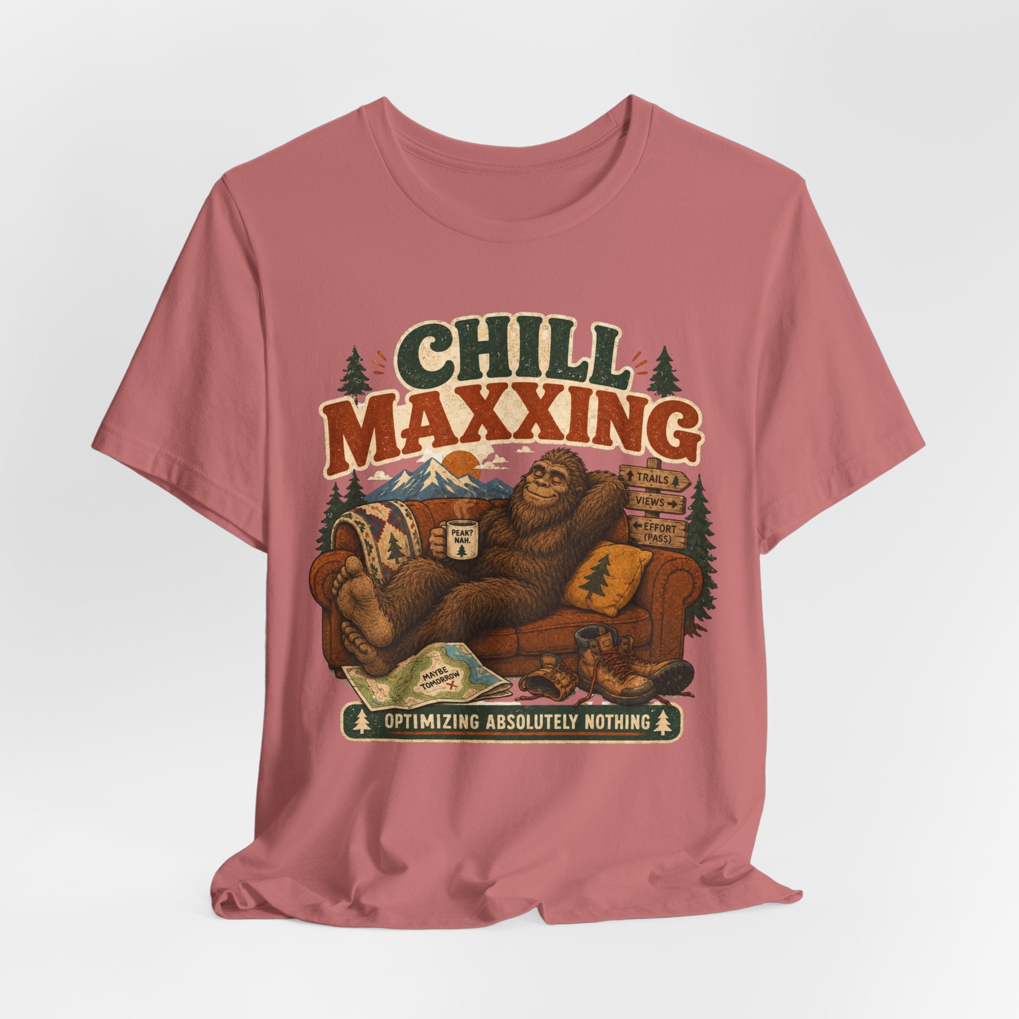 Chill Maxxing Bigfoot T-Shirt in Black Heather - funny sasquatch lazy outdoor graphic tee, Barely Outdoorsy